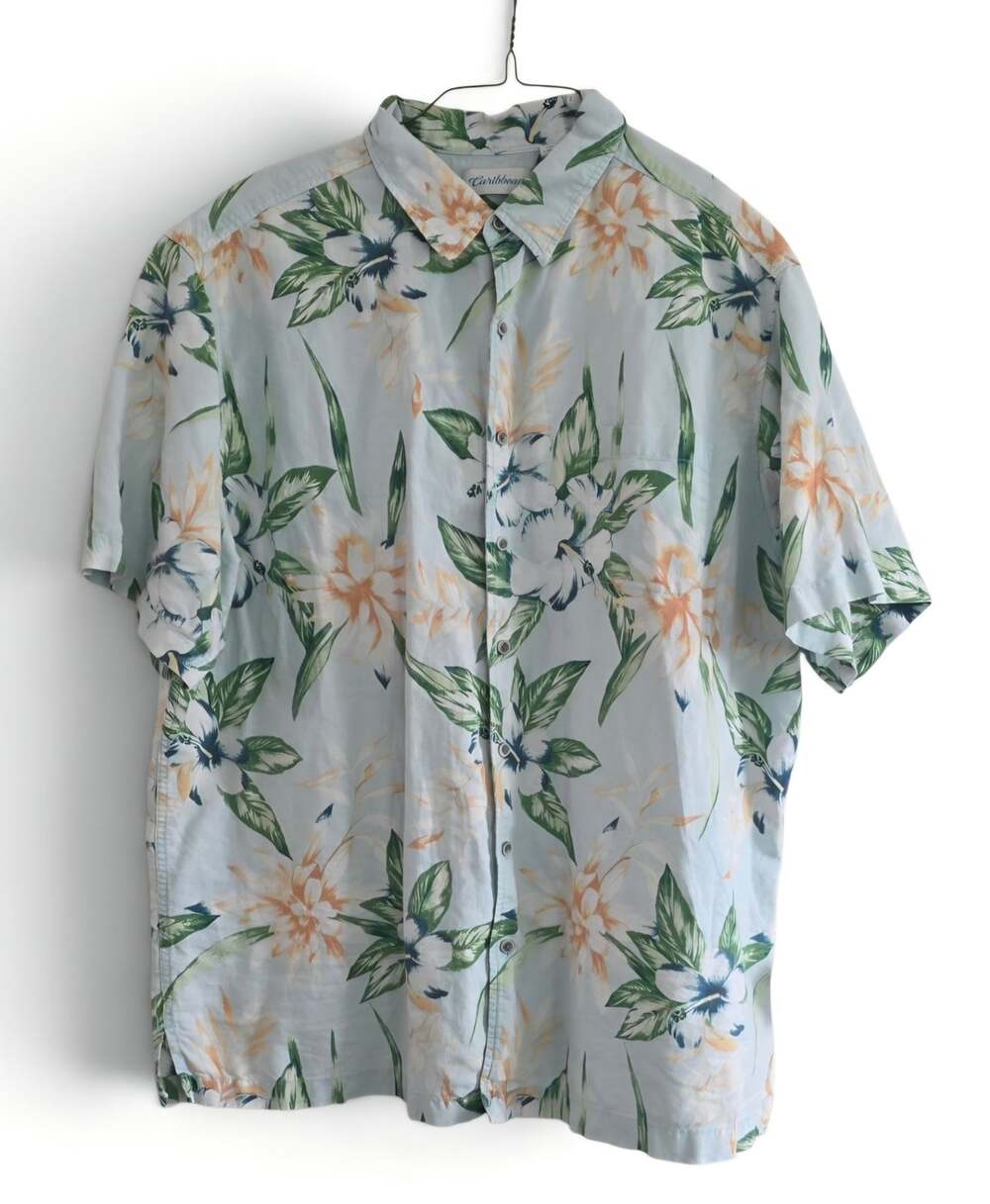 Caribbean Men's 3XT Floral Hawaiian Shirt Linen Cotton Blue Green White